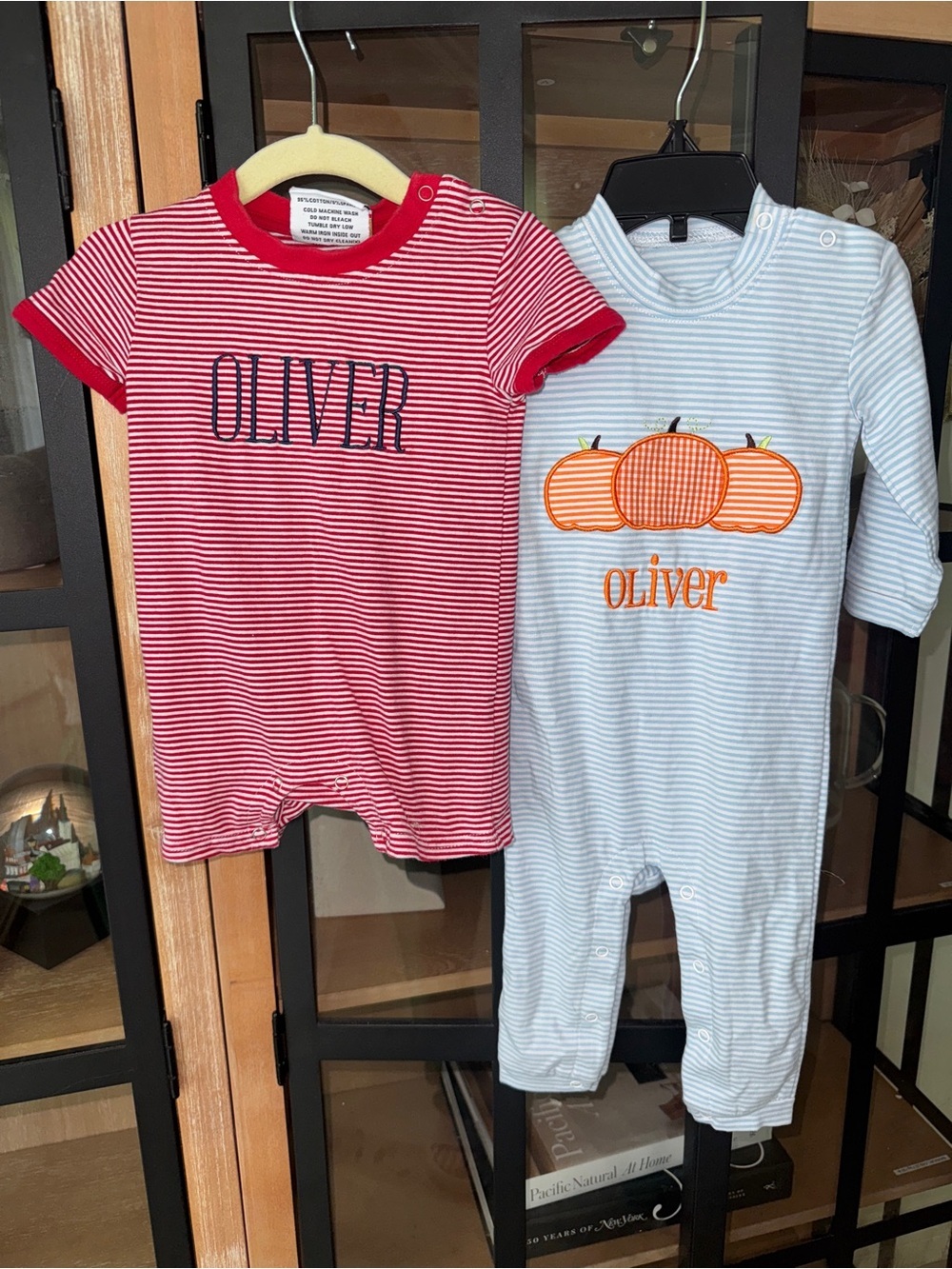 Bundle Oliver monogrammed appliqué coverall baby boy pumpkins fall romper